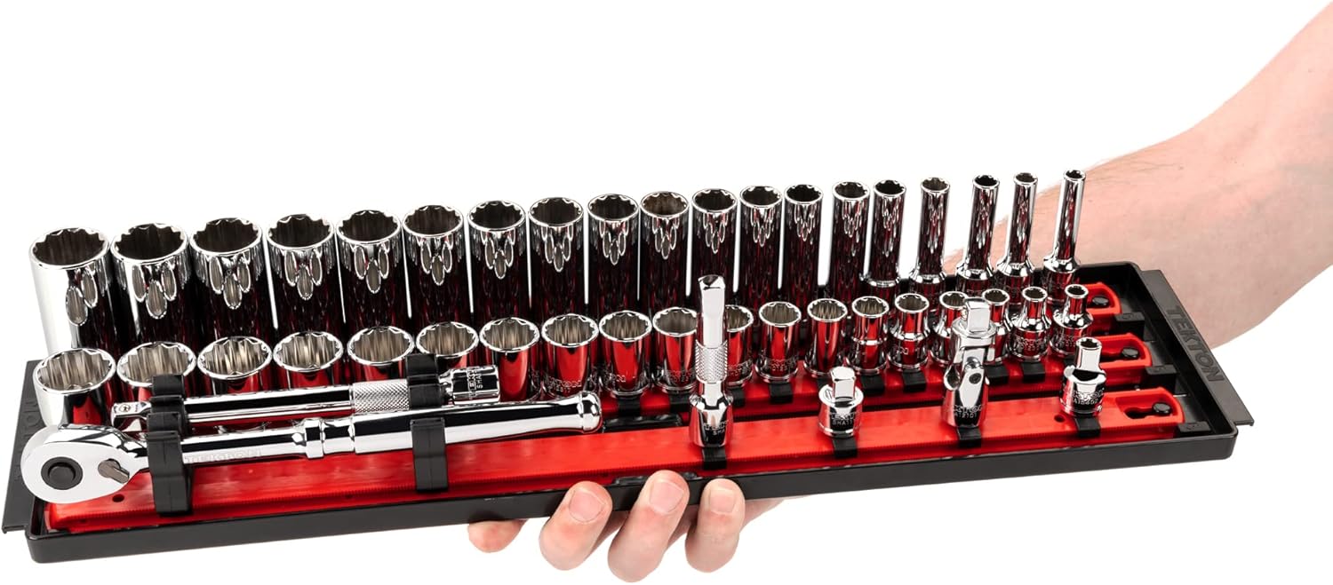 TEKTON 3/8 Inch Drive 12-Point Socket and Ratchet Set with Rails and Tray, 44-Piece (6-24 mm) | SKT13202