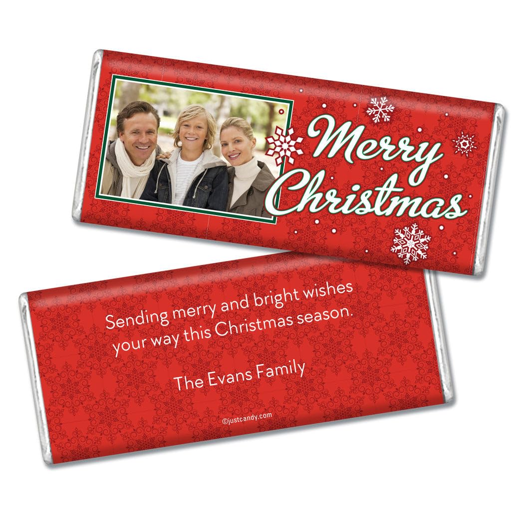 12ct Personalized Christmas Candy Happy Holidays Embossed Chocolate Bar Party Favors with Photo (12 Pack) - No Assembly Required - Snowflakes Theme