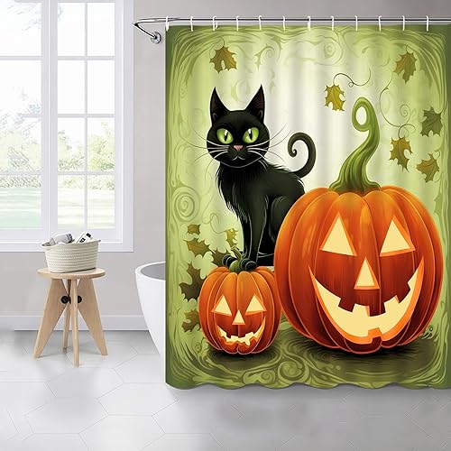 Miniatura 4 de Cortinas de ducha de Halloween, diseño divertido de calabaza de dibujos animados naranja y gato negro, decoración de baño para niños, juego de