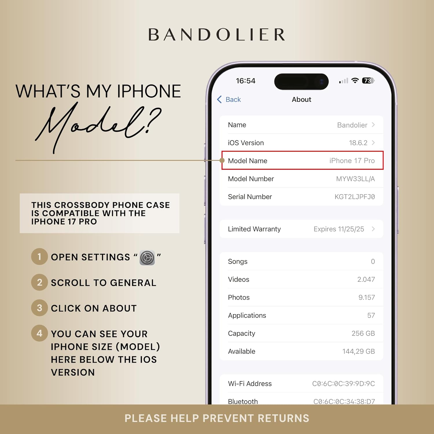 Bandolier Hailey Crossbody Wallet Phone Case for iPhone 17 Pro. 100% Genuine Pebble Leather with Gold Hardware. Adjustable & Removable Strap. Expandable Flip Card Holder. Cognac with Gold Hardware - Image 3
