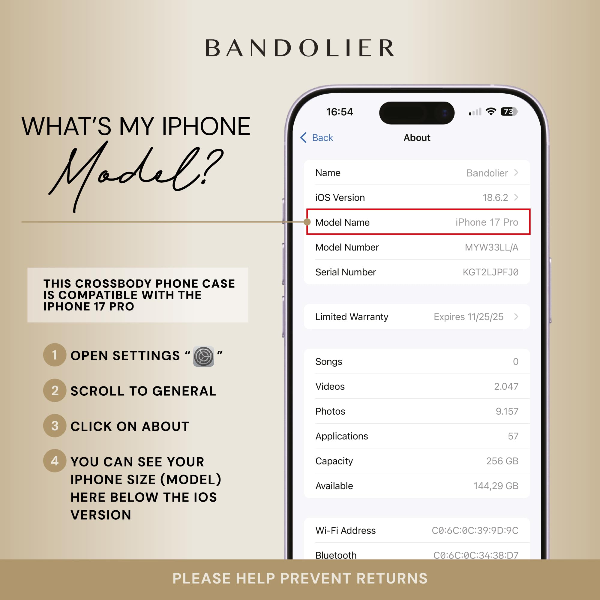 Bandolier Emma Crossbody Wallet Handyhülle für iPhone 17 Pro Kieselleder Verstellbarer & Abnehmbarer Crossbody-Gurt Kartenhalter mit Schnappverschluss Schwarz mit goldfarbenen Beschlägen