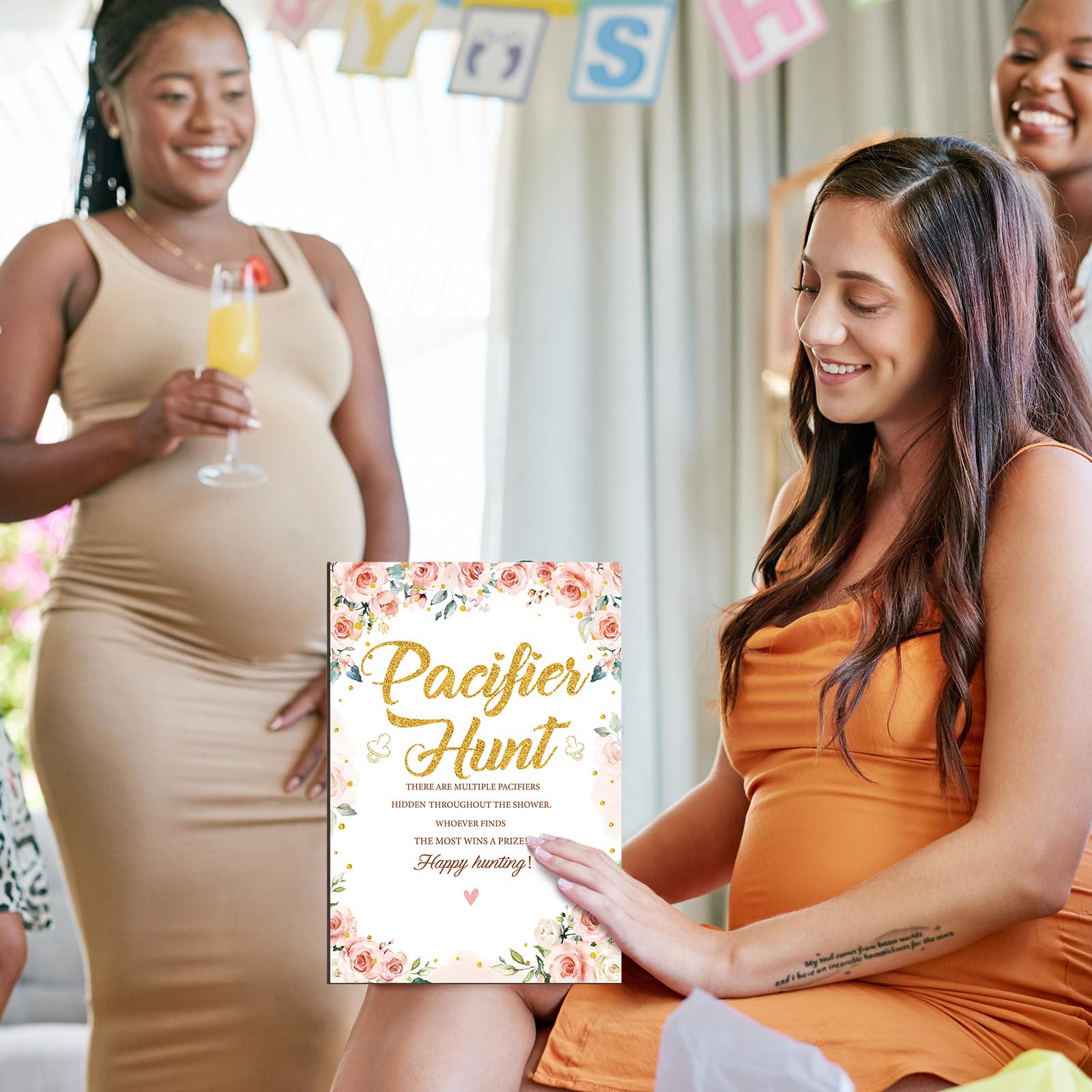 Thyle 51 juegos de caza de chupetes para baby shower, incluye letrero de caza de chupetes y 50 chupetes acrílicos para decoración de juegos de baby shower, juegos de regalo, decoración de fiesta de