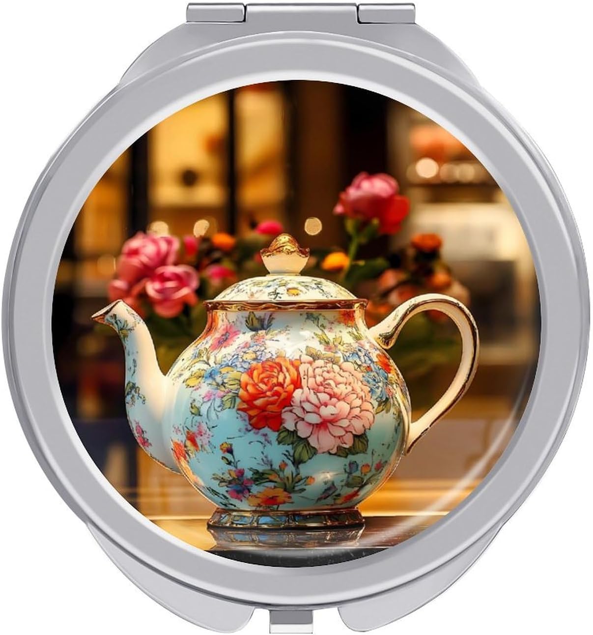 Rose Flower Tea Pot Compact Makeup Mirror Mini Foldable Cosmetic Mirror Portable Travel Mirror for Purse Pocket