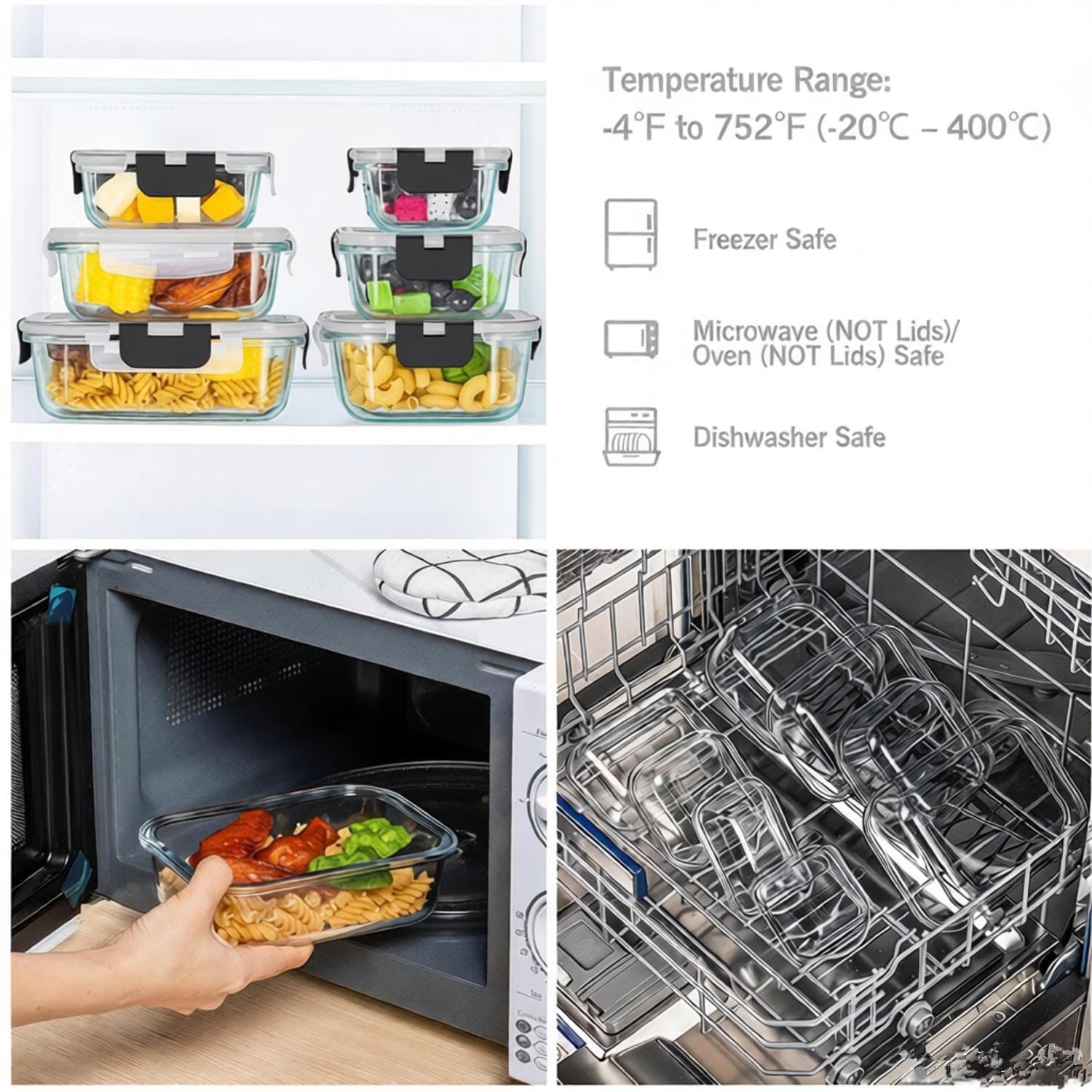 Juego de 8 cajas de almacenamiento de cristal, sin BPA, apto para microondas y congelador, perfecto para preparar comidas y almacenamiento de alimentos. (Negro)