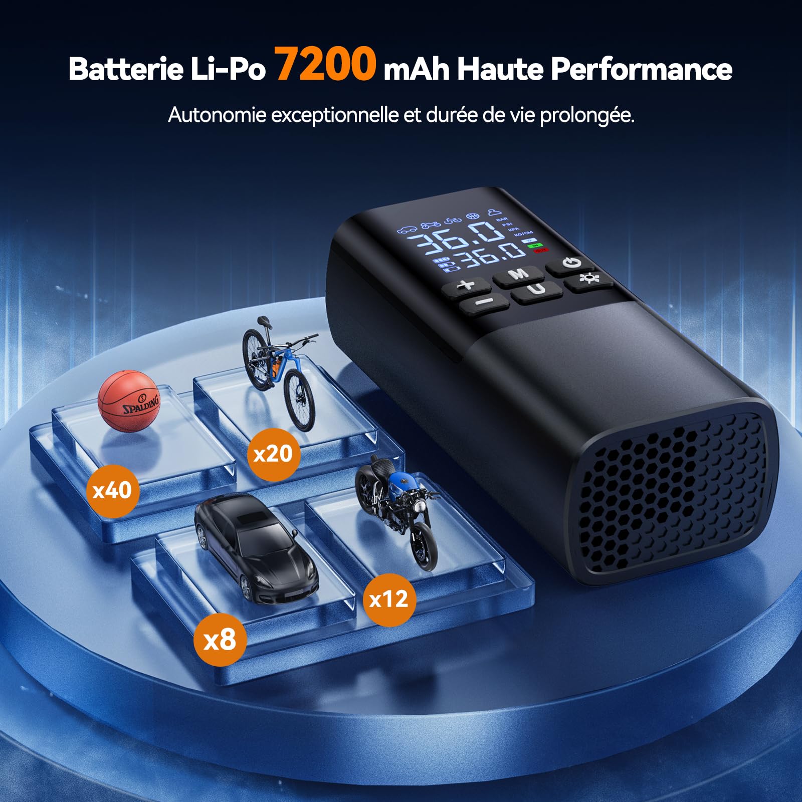 150PSI Mini Compresseur à Air Portatif, 7200mAh Gonfleur Pneus Voiture sans Fil, Gonfleur Electrique pour Vélo, Voiture,Moto, Balles, avec Lumière LED, Inflation Rapide, Arrêt Automatique