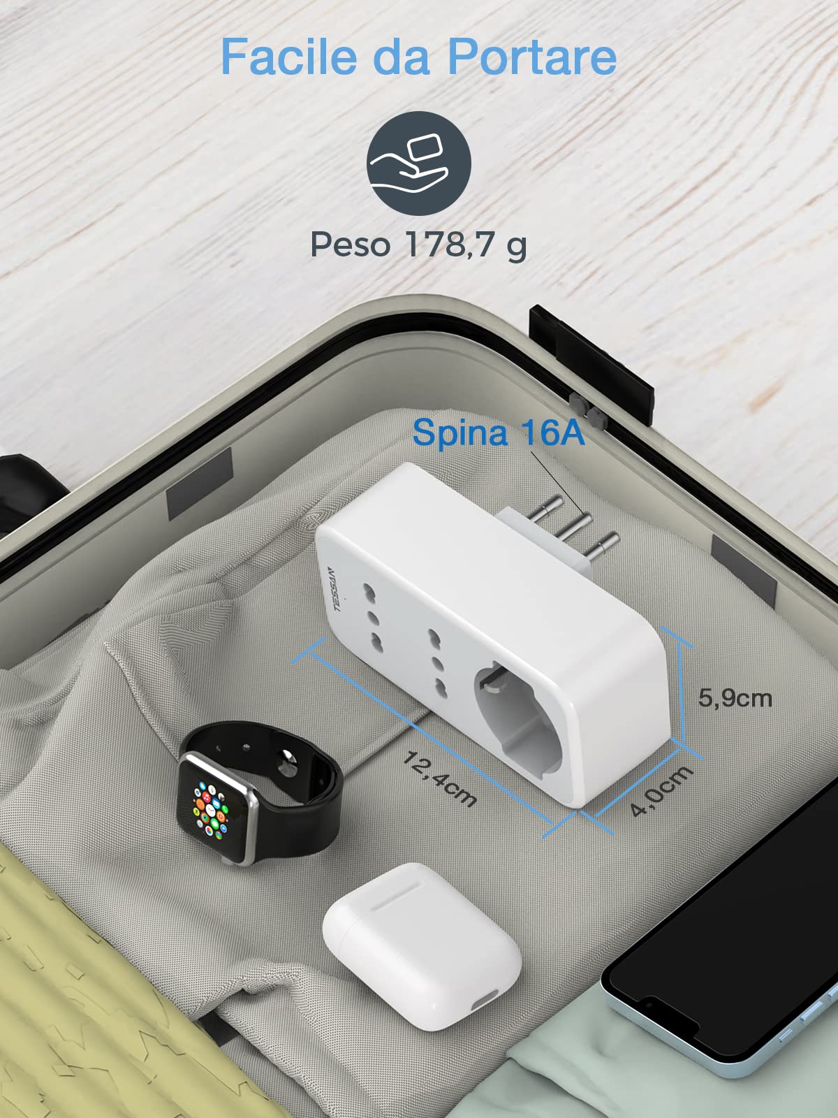 TESSAN Presa Elettriche, Multipla Salvaspazio con 1 Polivalenti e 2 Bivalenti 10/16A, Tripla Schuko con 2 Porte USB, Multipresa Elettrica 3680W, Presa USB da Muro per Telefono e Elettrodomestici