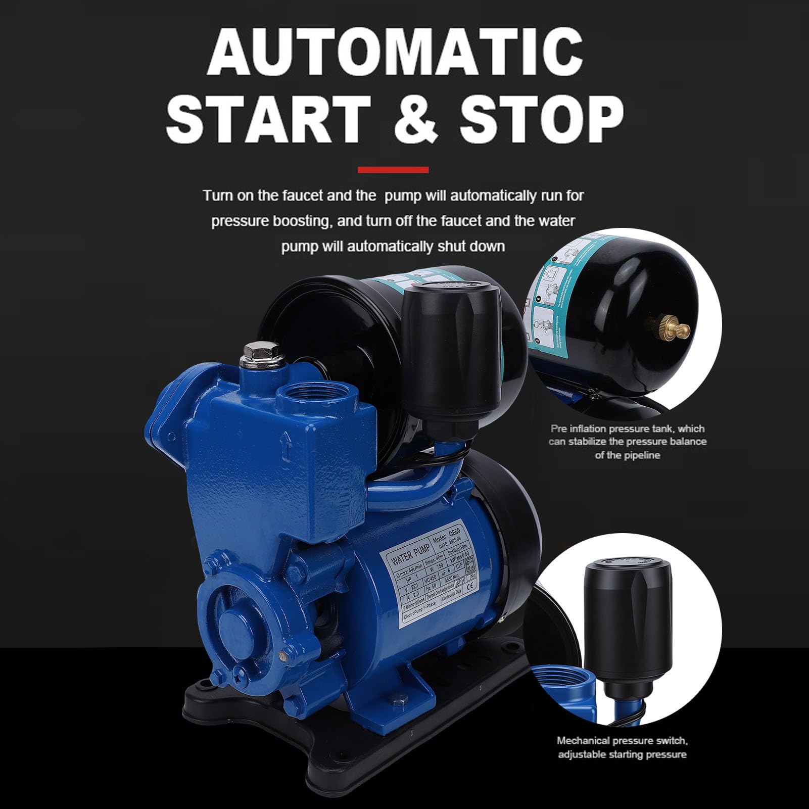 Generic Pompa Booster Autoadescante, Prevalenza da 40 M, Pompa a Getto per Pozzi Poco Profondi con Avviamento e Arresto Automatico, Booster a Pressione dell'Acqua con Serbatoio a Pressione (Spina