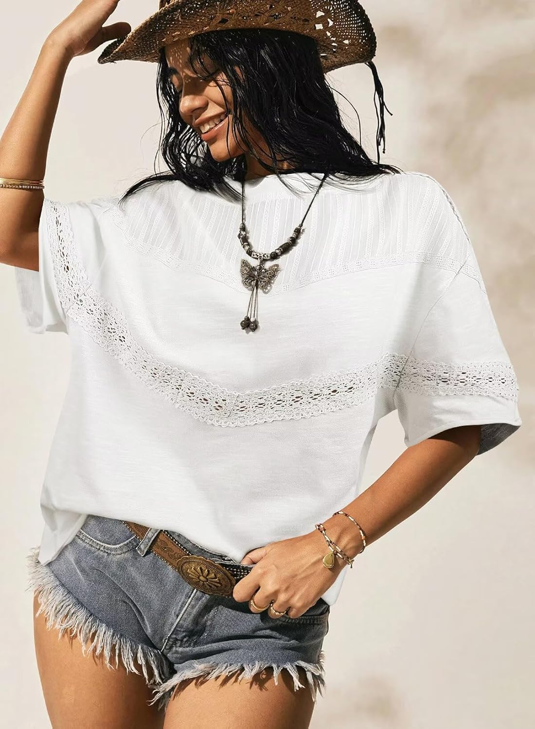 Womens Summer Tops Oversized Short Sleeve Boho Casual Shirts Flowy Lace Crochet Eyelet Loose Blouse Trendy 2025 - Image 2