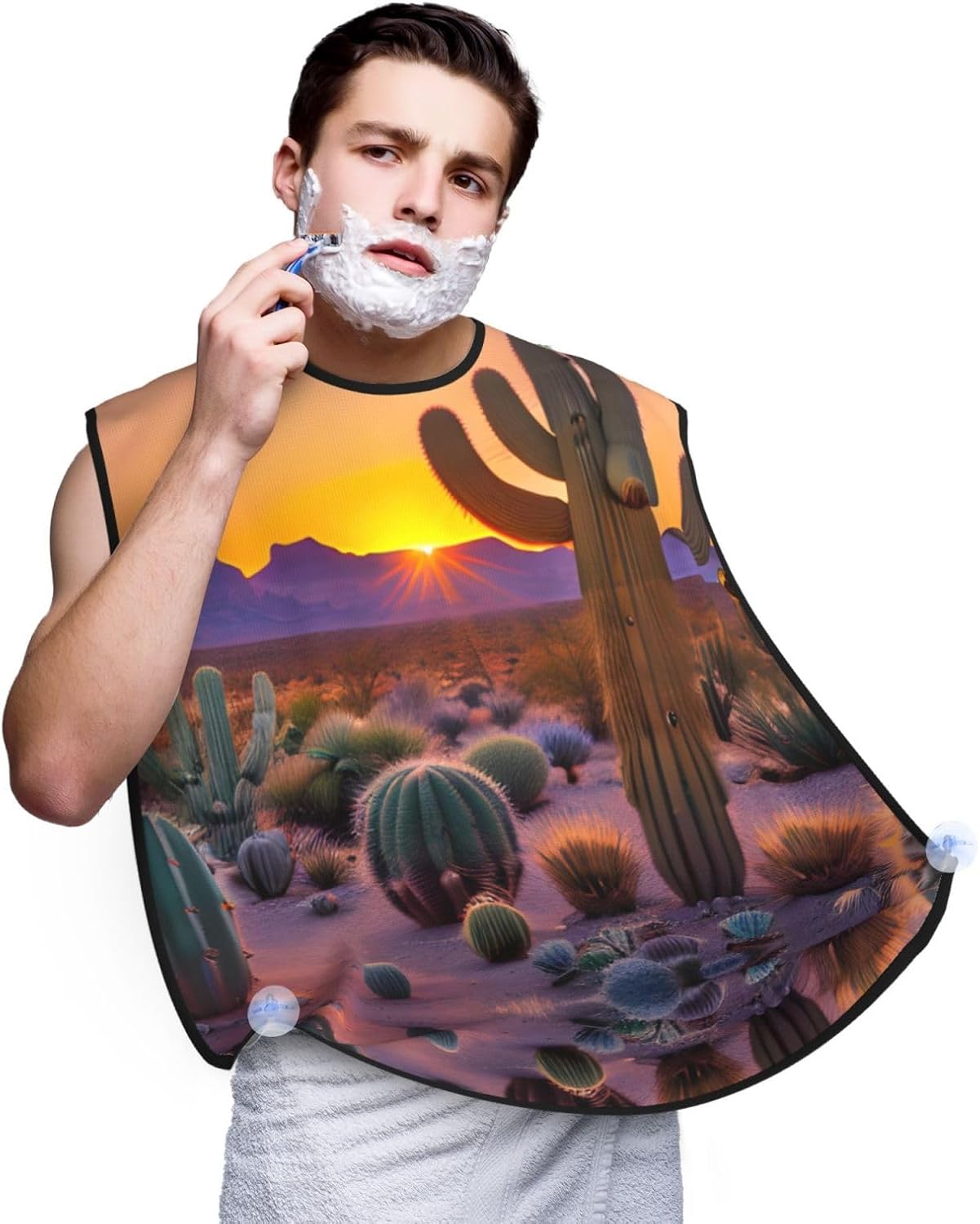 Cactus Desert Sunsets Print Beard Bib Apron For Men, Beard Hair Catcher For Men Shaving Trimming,Beard Cape Cloth
