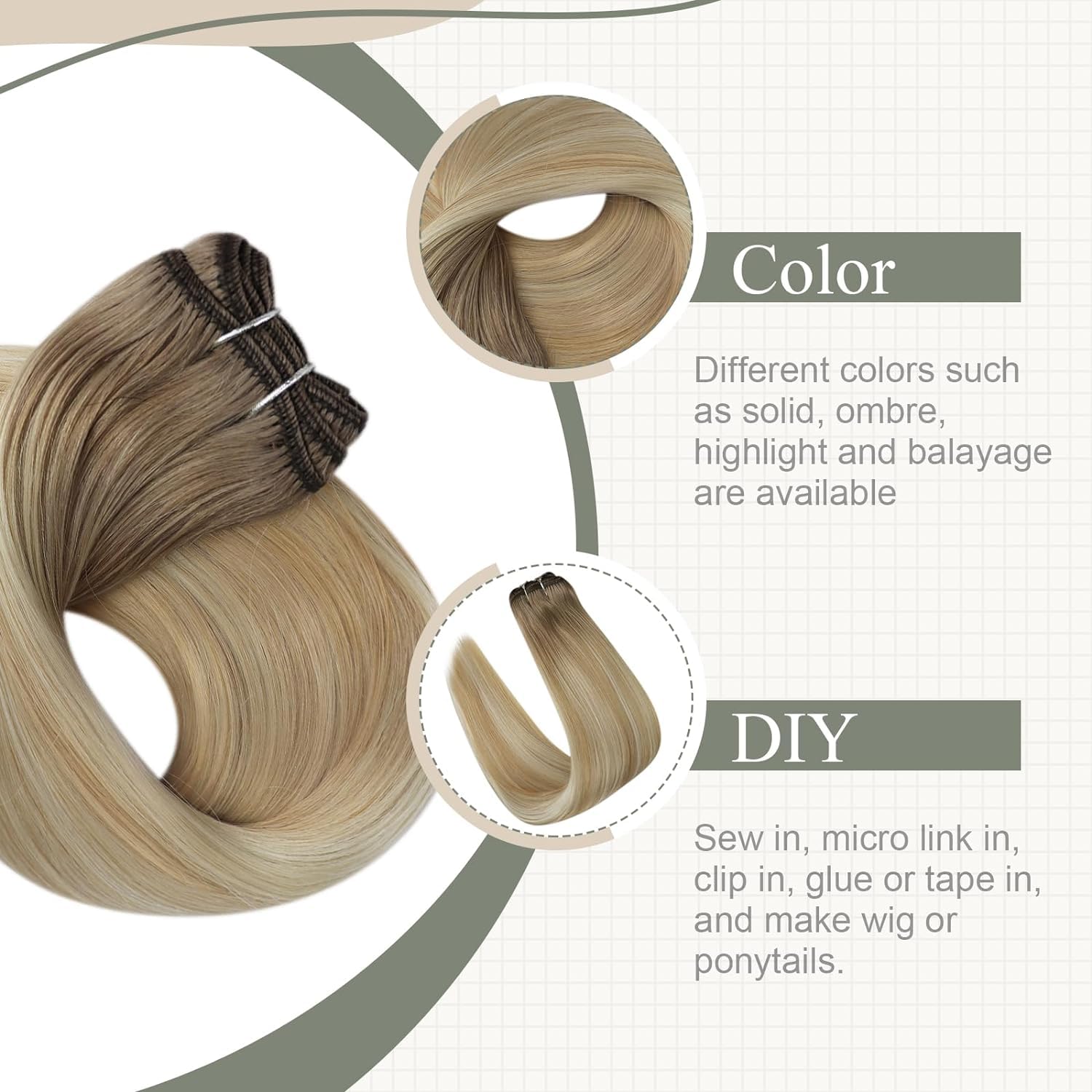 Fshine Extension Capelli Veri Matassa Castano Medio Che Sfuma Nel Biondo E Nel Biondo Extension Capelli Remy 40cm 50g Extension Cucite Capelli Veri Ultra Sottile #6/27/60