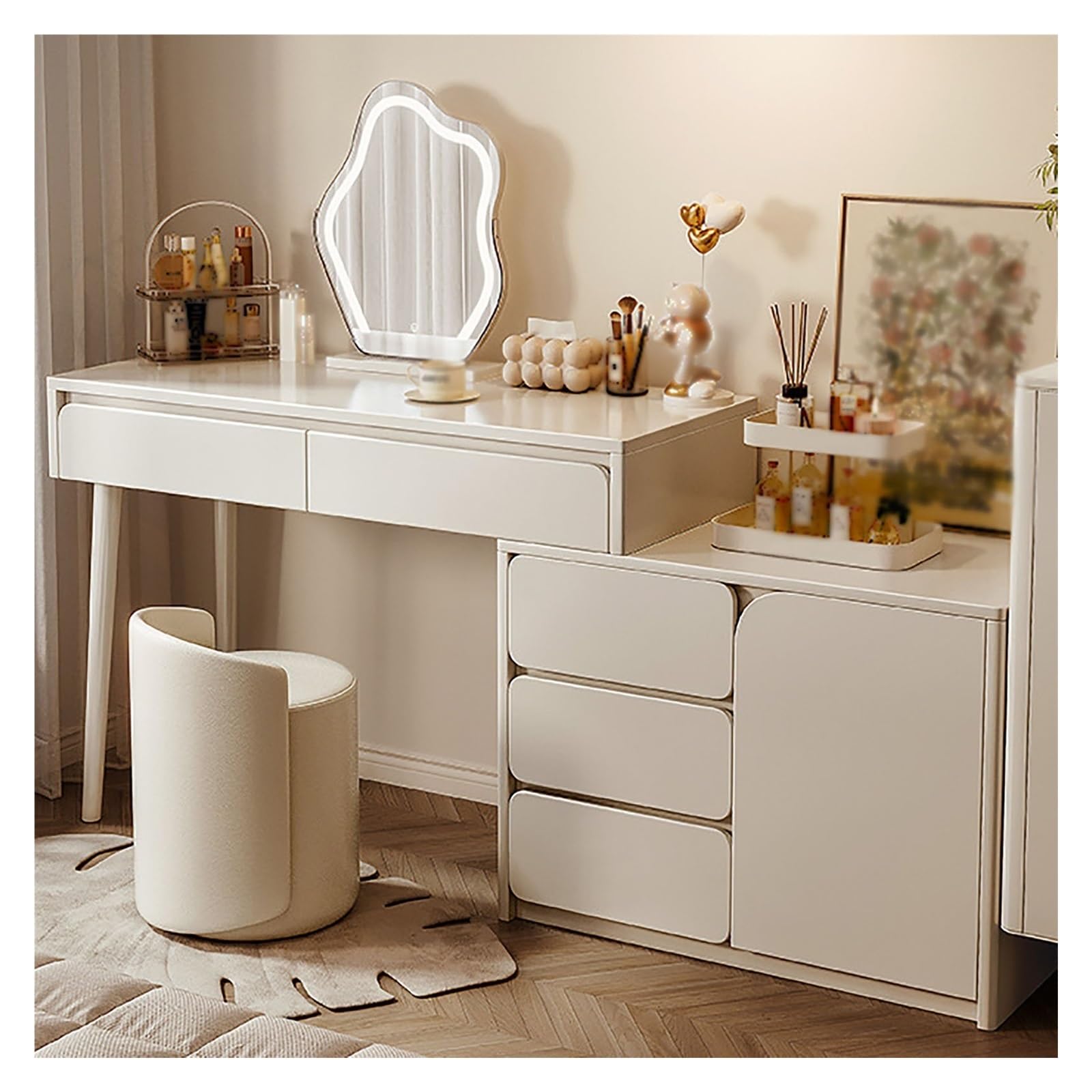 Toeletta Con Specchio LED E 6 Cassetti - Tavolo Trucco Con Sgabello, Bianco - Foto 7