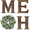 Wooden Home Sign - Vintage Wall Letter Decors, Natural Wood Finish, Greenery Eucalyptus Wreath Accent | Charming Farmhouse Wall Art Feature For Entryway Kitchen Living Room Wedding Holiday Celebration