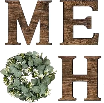 Wooden Home Sign - Vintage Wall Letter Decors, Natural Wood Finish, Greenery Eucalyptus Wreath Accent | Charming Farmhouse Wall Art Feature For Entryway Kitchen Living Room Wedding Holiday Celebration