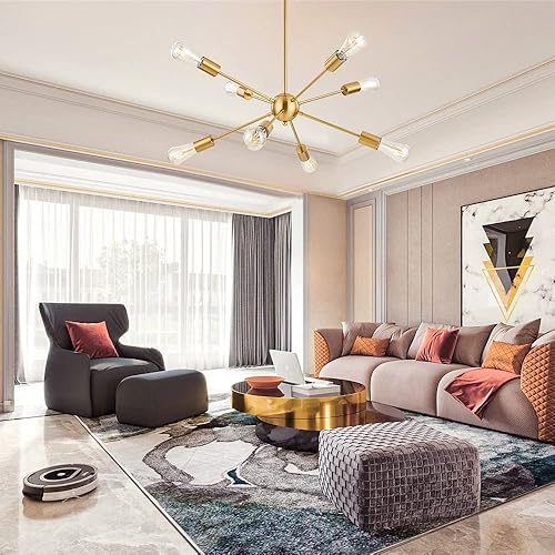 Miniatura 2 de BONLICHT Candelabro Sputnik de latón cepillado con 8 luces de mediados de siglo, moderna lámpara de techo empotrada, iluminación colgante industrial