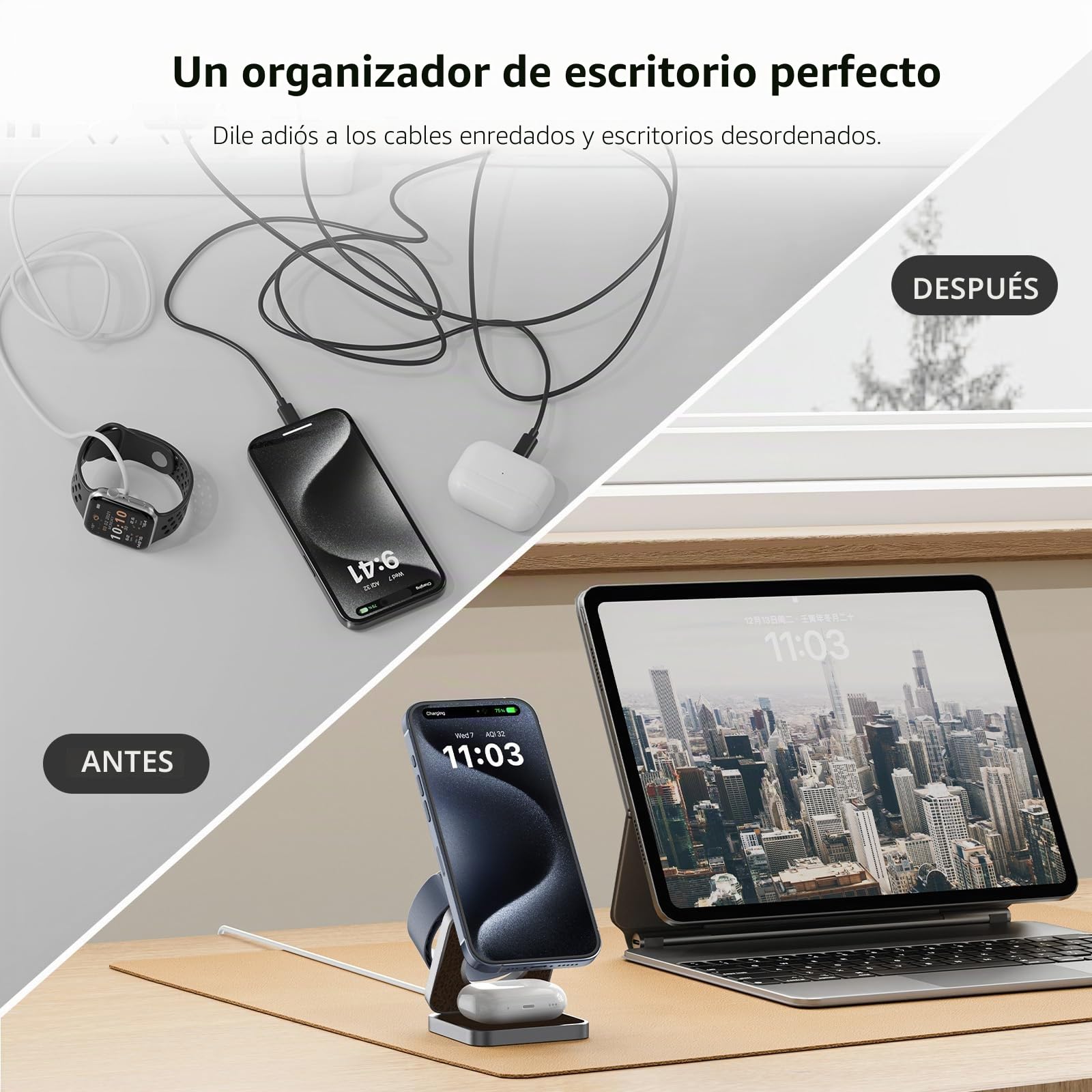 KU XIU X40 Cargador Inalámbrico 3 en 1 Plegable de Aluminio – Estación de Carga Magnética para iPhone 17–12 /Air, 5W para iWatch Ultra/SE/Series 11–4 y Auriculares Inalámbricos 4/3/2/Pro – Cuero PU