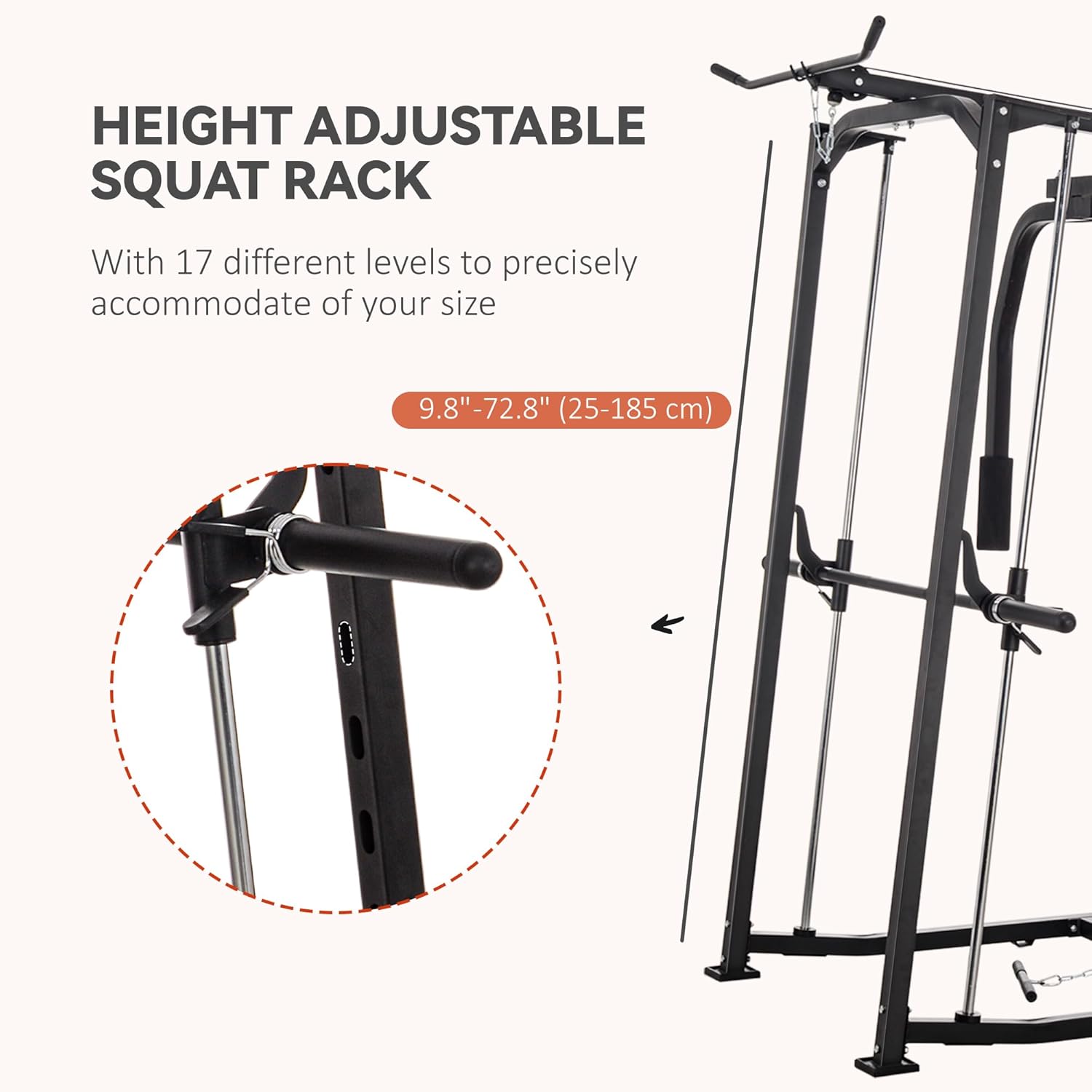 Close-up image of the height adjustment mechanism on the squat rack, showing the pin and multiple adjustment holes, with a diagram indicating the 9.8 to 72.8 inch adjustment range.