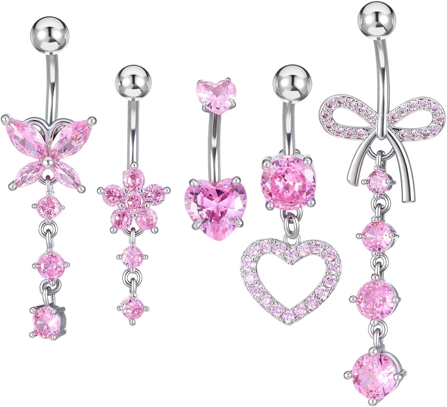 Belly Button Ring Dangle Stainless Steel 14G Belly Rings bellies Button Piercing Cute Pink CZ Heart Butterfly Bow Flower Dangling bellies Rings Silver Navel Ring Piercing Jewelry