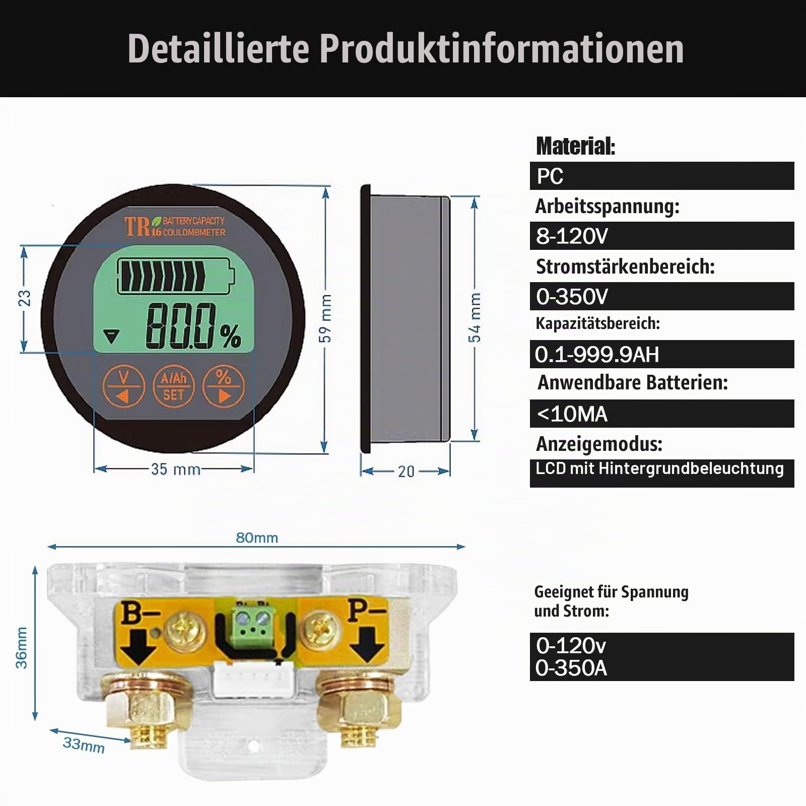 DEWIN Batterie Monitor 12V Motorrad, Batteriemonitor Batterie Tester Voltmeter Amperemeter Wasserdichte Batterietester für Autobatterie Kfz Caravan 8-120V 350A