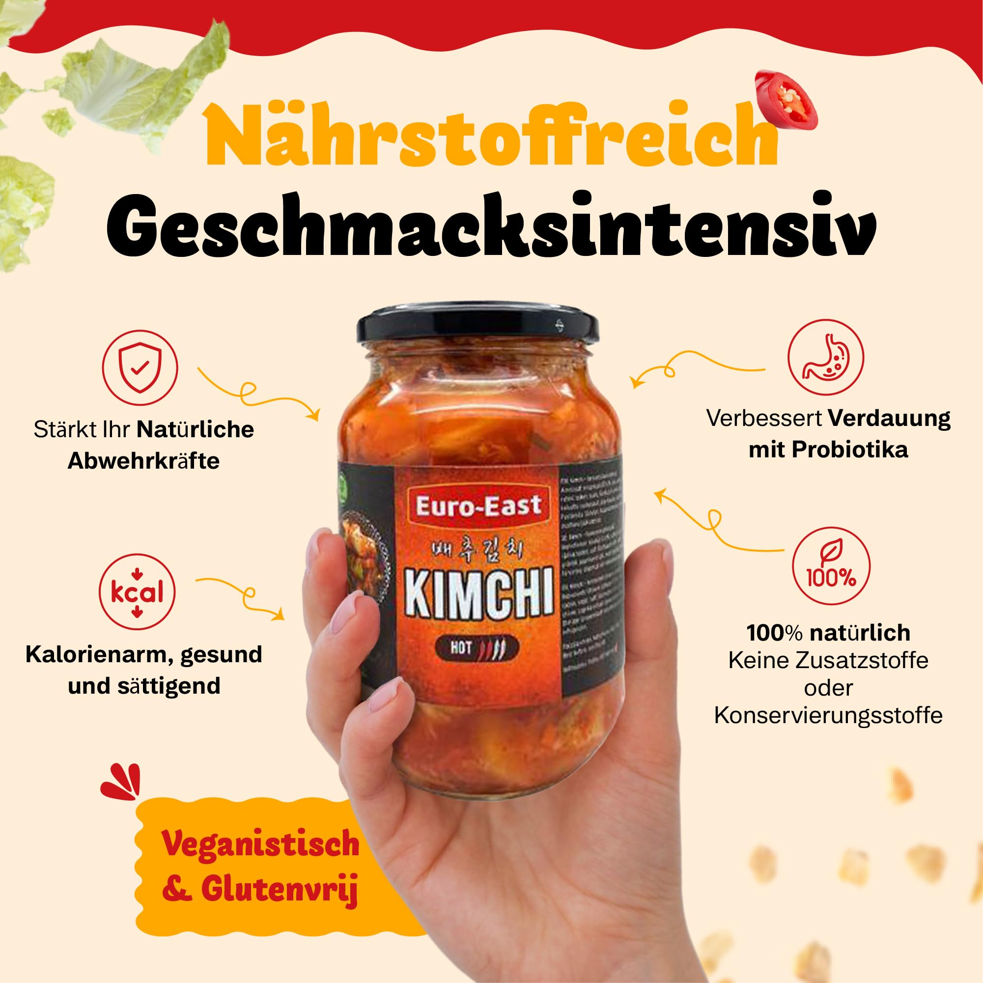 Euro-East Kimchi, Koreanisch Vegan und Glutenfrei eingelegter Chinakohl im koreanischen Stil, leicht Schärfe für europäischen Geschmack, Groß 1er pack (1x3000g)