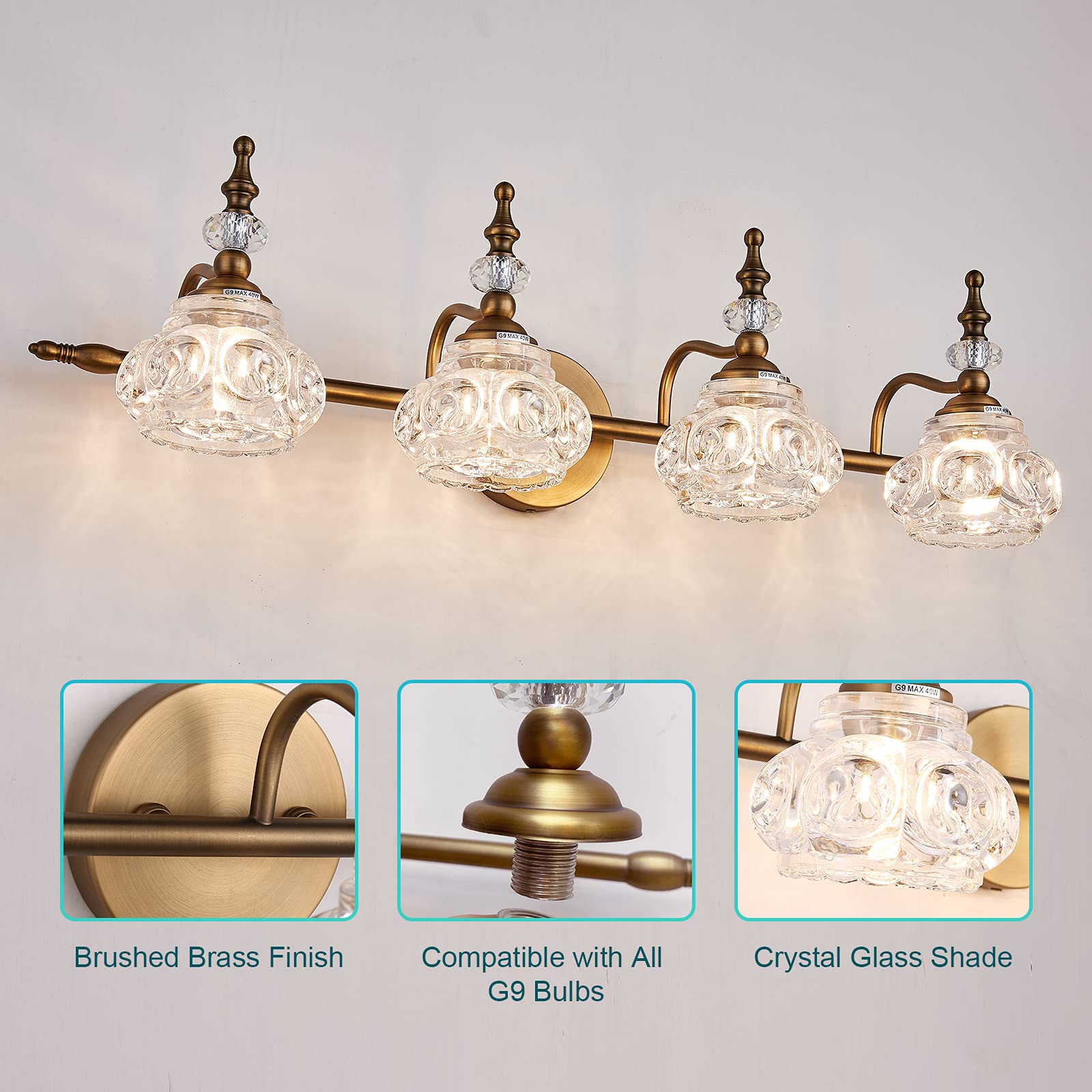 ZILANL Vintage Bathroom Vanity Light Fixtures, 4 Lights Bathroom Vanity Light, Bathroom Lighting with Crystal Glass Lampshade, Matte Brushed Antique Brass Finish, Soft Light Without Dazzling