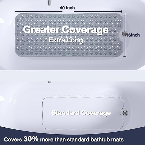 Miniatura 2 de Tapete extra largo para bañera color gris, antideslizante, suave, para bañera de 40 x 16 pulgadas, tamaño matrimonial, tapete para bañera y ducha