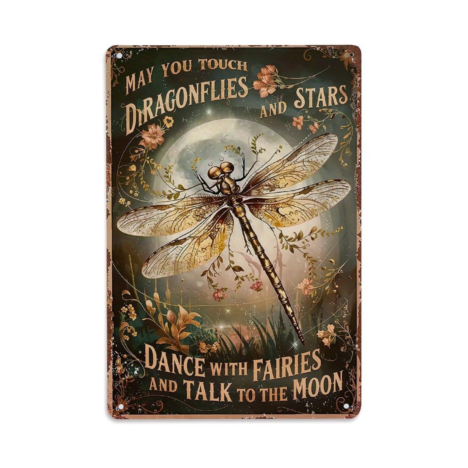 Jdyaojiesheng Vintage Dragonfly Moon Flowers Fairies Stars Tin Sign Retro Metal Wall Decor Metal Poster, Home Bar Garage Farmhouse Cafe Wall Art Decoration 8X12inches