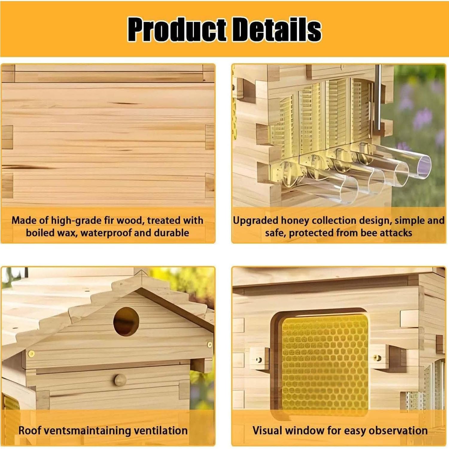 Kit de démarrage pour Ruche d'abeilles en Bois Auto Kit Fabriquées en Bois De Cèdre Naturel Et Complet de récolte du Miel avec 4 Cadres pour apiculteurs débutants