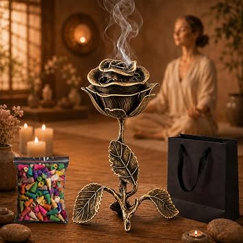 Vintage Rose Incense Burner, 3D Sculpted Rose Shaped Incense Holder for Sticks & Cones, Metal Rose Flower Catcher for Meditation, Yoga, Home Office Decor, Aesthetic Gift for Women Bronze