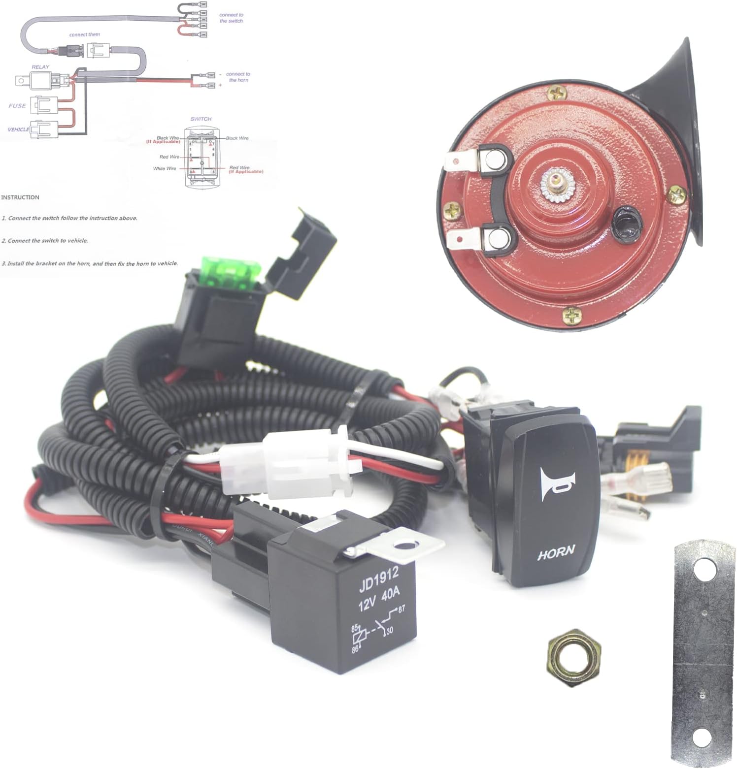 Universal UTV Horn Kit for RZR 12V Horn With Button Rocker Switch