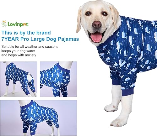 Miniatura 7 de LovinPet Traje para perro grande, mameluco para cirugía, pijama para perro de raza grande, estampado ligero de ballena azul marino, pijama para