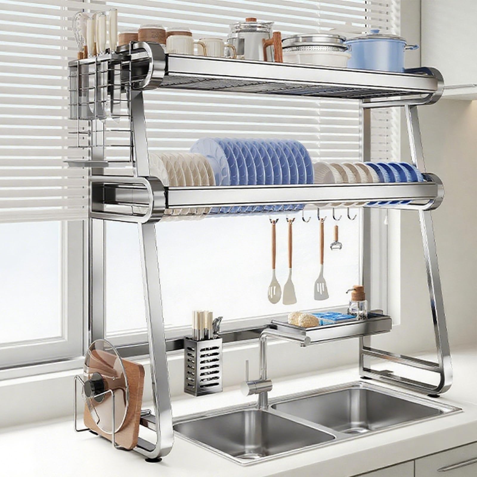 Egouttoir à vaisselle 95 cm en acier inoxydable 304 pour comptoir de cuisine double couche