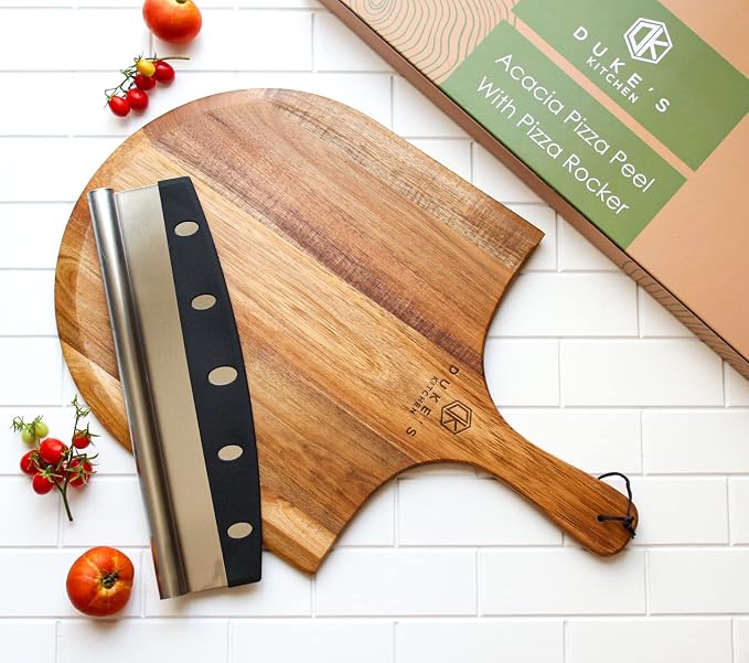 Premium Acacia Pizza Peel (Extra Large) and Rocker Blade Pizza Cutter Set, Pizza Peel 16 inch, Gourmet Wooden Pizza Paddle / Spatula / Board, Size 14" W x16" L, 22" L Overall including handle