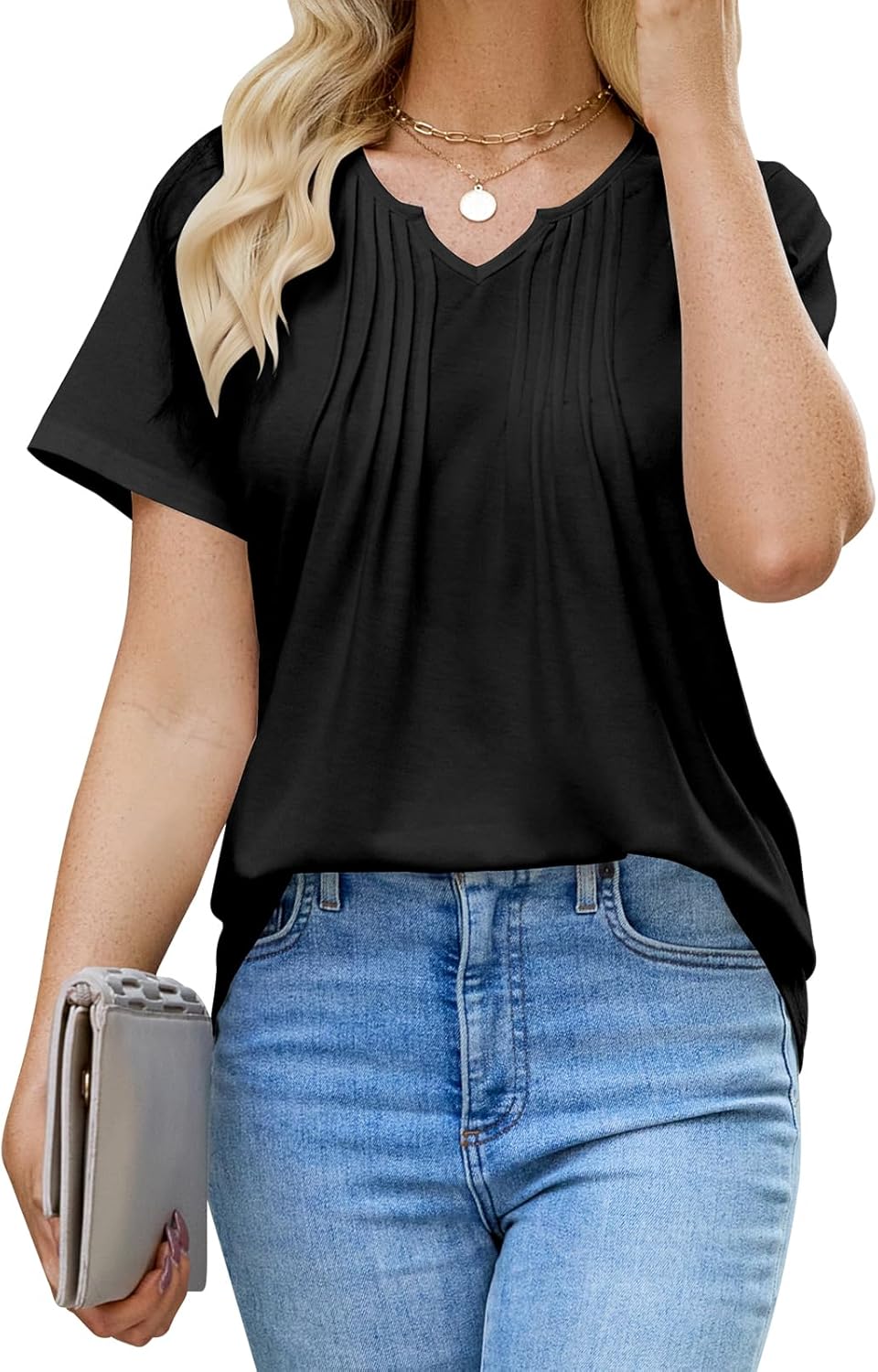 Womens T Shirts Short Sleeve Pleated Dressy Tunic Casual V Neck Summer Tops Blouses Beach Vacation Clothes - Image 4