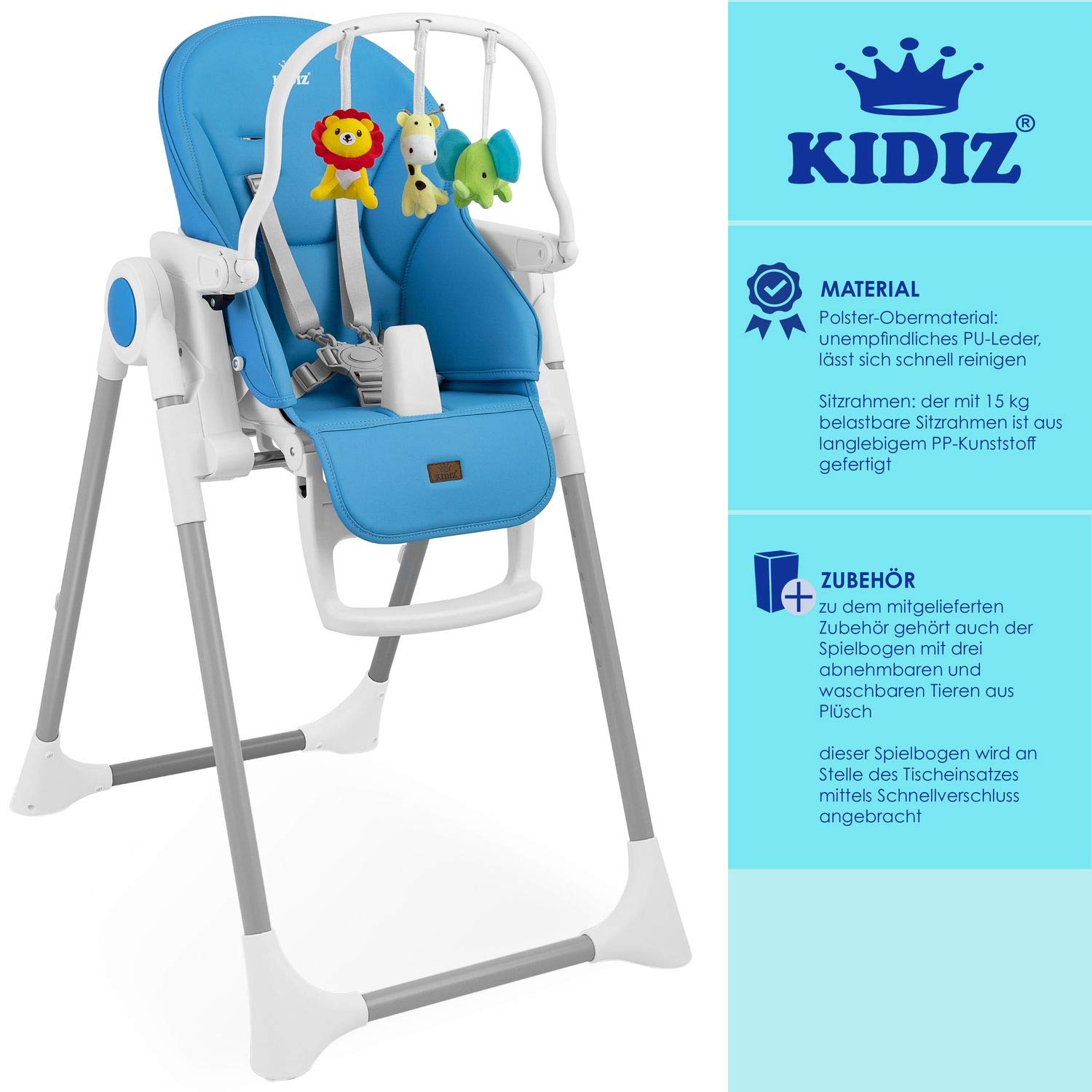 KIDIZ® 3 in 1 Seggiolone Seggiolone per bambini con barra dei giochi, Lettino per bambini, Seggiolone combinato Seggiolone per bambini, Schienale regolabile in 7 diverse altezze, blu