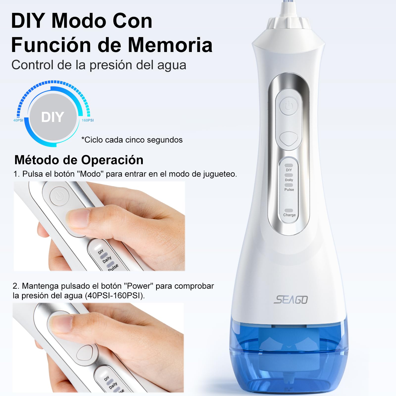 Seago Idropulsore a getto dentale portatile, rilevatore dentale professionale, fai da te modalità, IPX7, impermeabile, 5 ugelli a getto, USB ricaricabile, getto dentale per la casa e i viaggi (bianco)