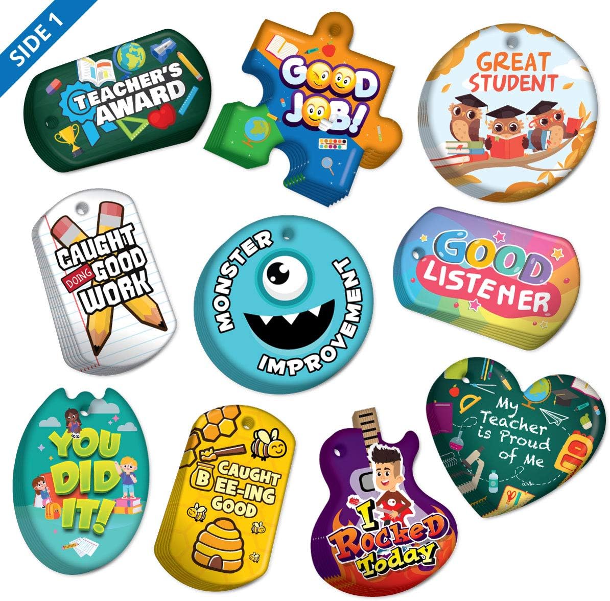 Support, Build, & Recognize Positive Student Behavior Brag Tag Value Pack: 100 Tags (10 Tags for Each Shape) + 25 USA-Made Hypoallergenic Aluminum Safety Chains