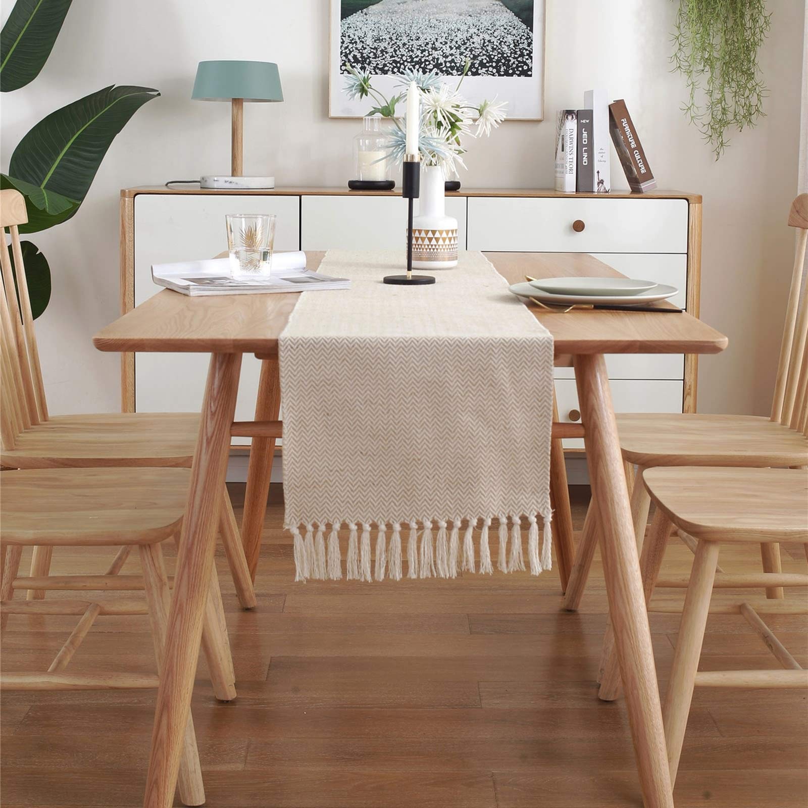 Büro Tischdeko, Tischdekoration Beige ene Hochzeit Streifen Tischläufer Cotton Linen 33x240CM