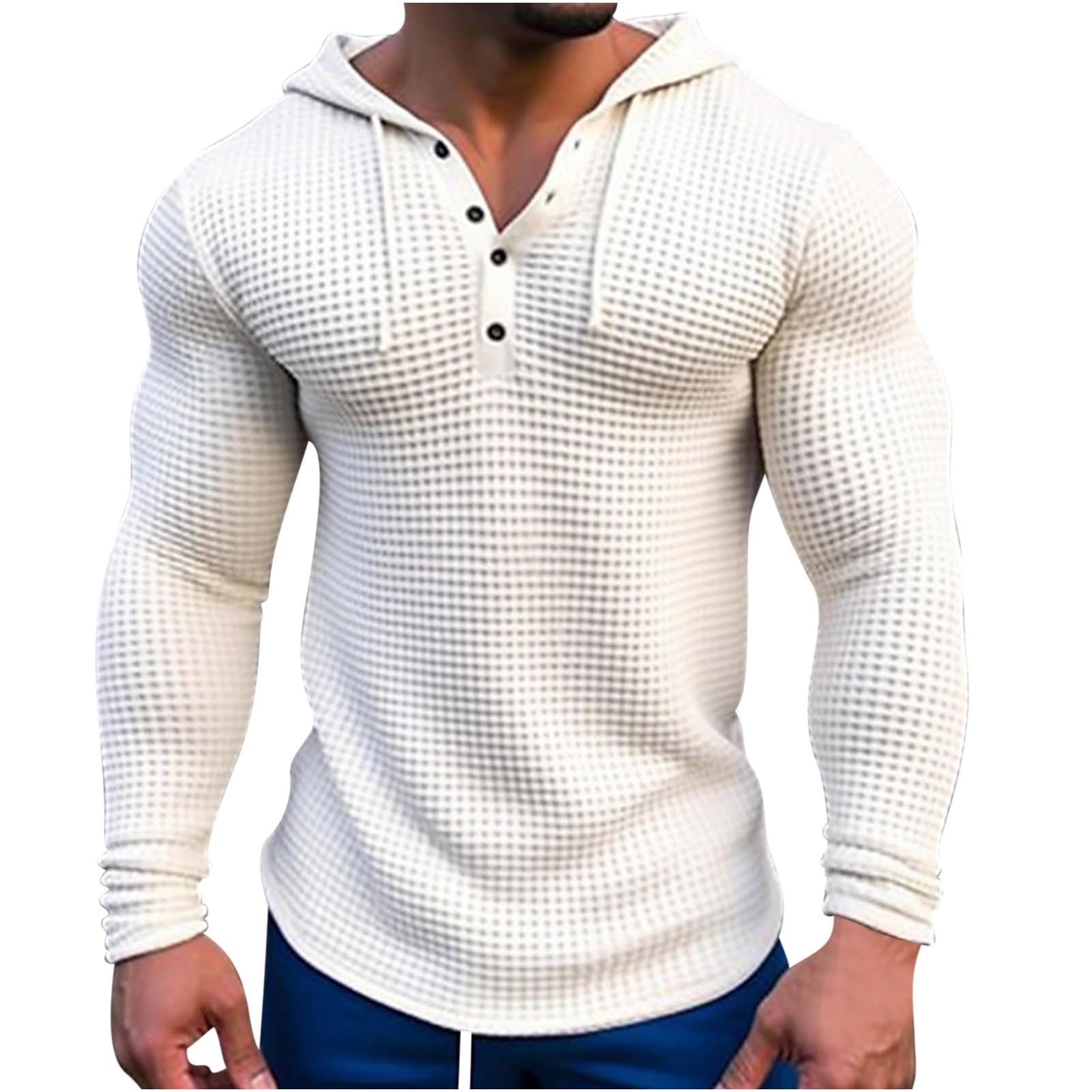 Mens Waffle Muscle Fit Hoodies Long Sleeve Gym Fitness Sweatshirt Drawstring Workout Pullover Top