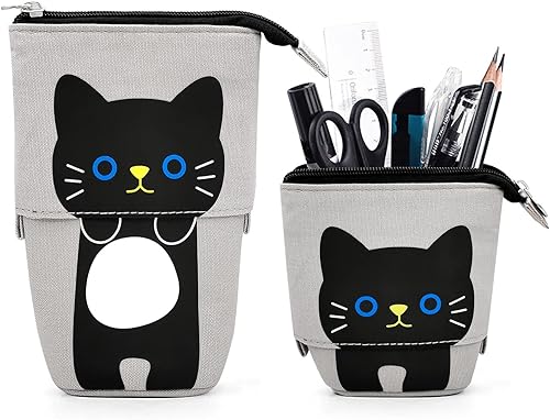 Cat Cute Standing Pencil Case for Kids, Pop Up Pencil Box Makeup Pouch, Stand UP Cartoon Christmas Gift Kids Pen Holder Organizer Cosmetics Bag,