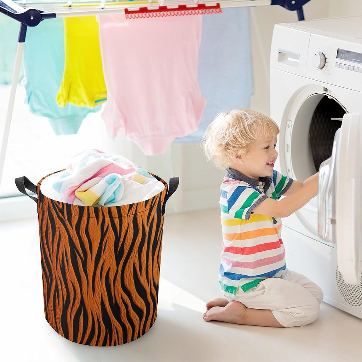 Tiger Stripes Orange Laundry Basket with Lid Collapsible Waterproof Laundry Hamper Large Drawstring Clothes Hamper Storage Bin with Handles for Home Bathroom Bedroom Dorm 17.3 x 17.3 Inch