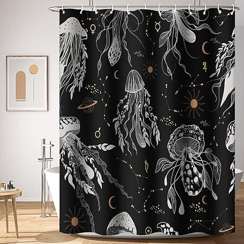 Miniatura 8 de Blue Mushrooms - Cortina de ducha de baño, estilo retro de los años 70 y 60, estilo bohemio hippie floral, lavable, tela duradera, decoración del