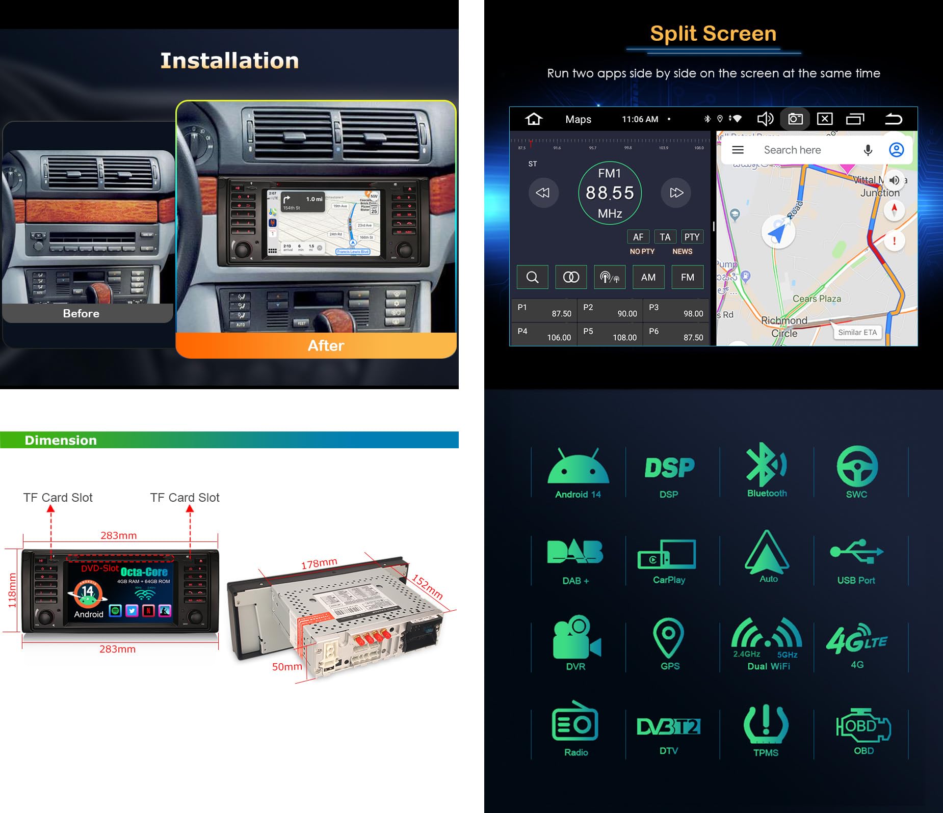 Erisin 8-Core Bluetooth 5.0 Android 14 DVD Autoradio GPS Stéréo pour BMW Série 5 E39 M5 7 Pouces Écran Tactile Soutien sans Fil CarPlay Android Auto Dab+ FM Radio DSP WiFi TPMS OBD2 4Go RAM+64Go ROM