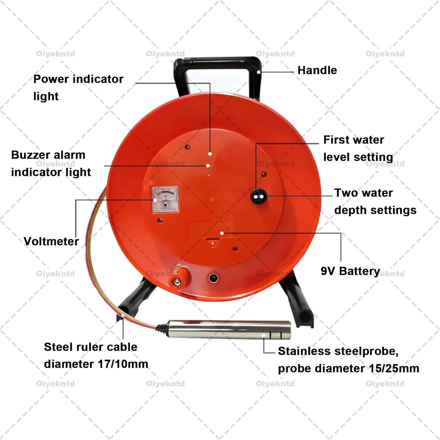 Portable Deep Well Water Level Meter with Stainless Steel Probe, Groundwater Boreholes Measuring Tools for Water Well Repairers, Indicator Light, Peak Display 15mm-10m/32.8ft