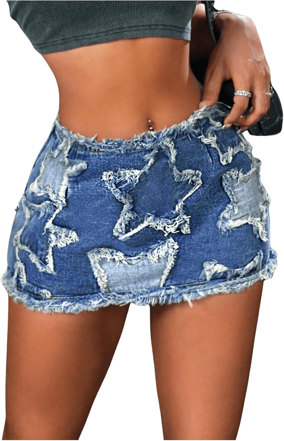 WDIRARA Women's Star Pattern Ripped Raw Hem Bodycon Pencil Skirts Slim Fit Y2K Cheeky Denim Hip Skirt - Image 4
