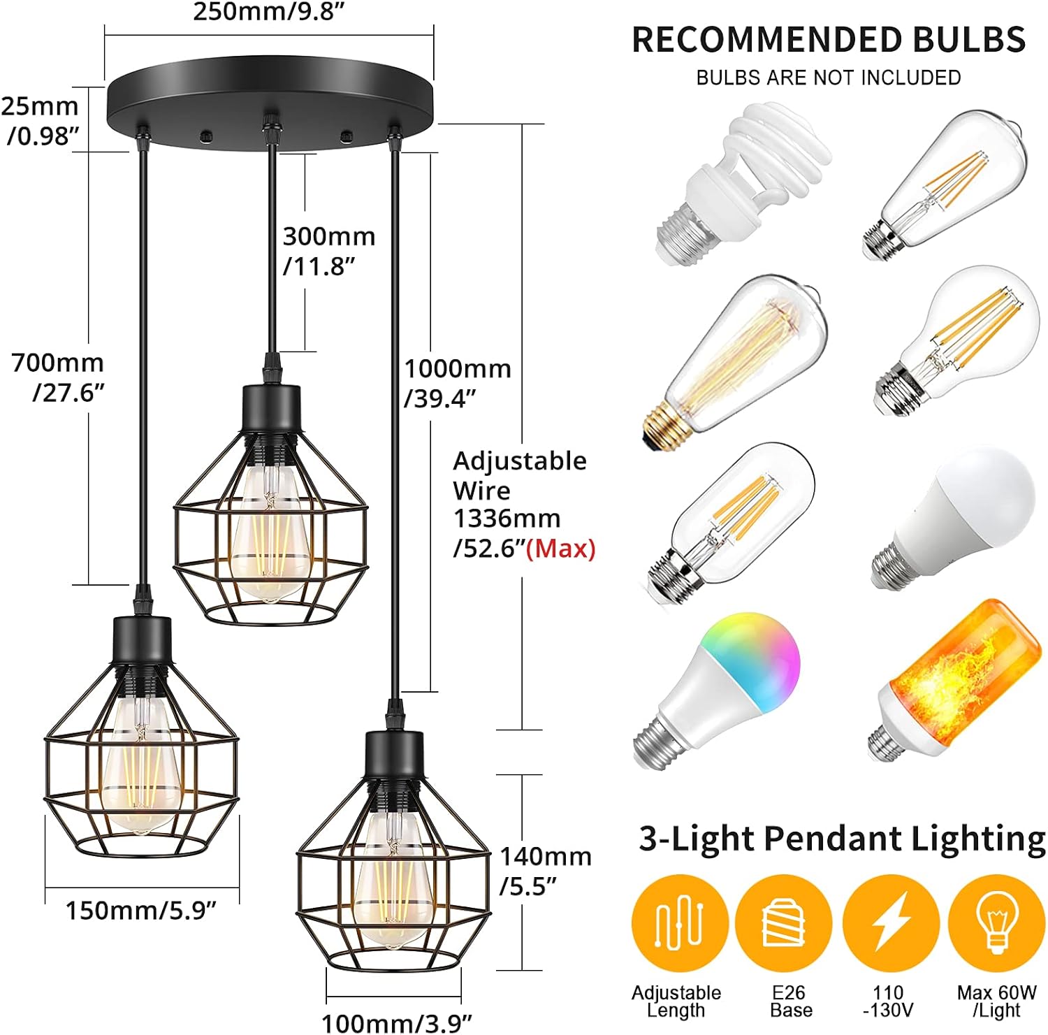 3-Light Industrial Pendant Lighting, Adjustable Hanging Pendant Light Fixtures, Vintage Black Metal Caged Pendant Light, Farmhouse Hanging Ceiling Light for Kitchen Island Dining Room Bedroom Hallway - - 