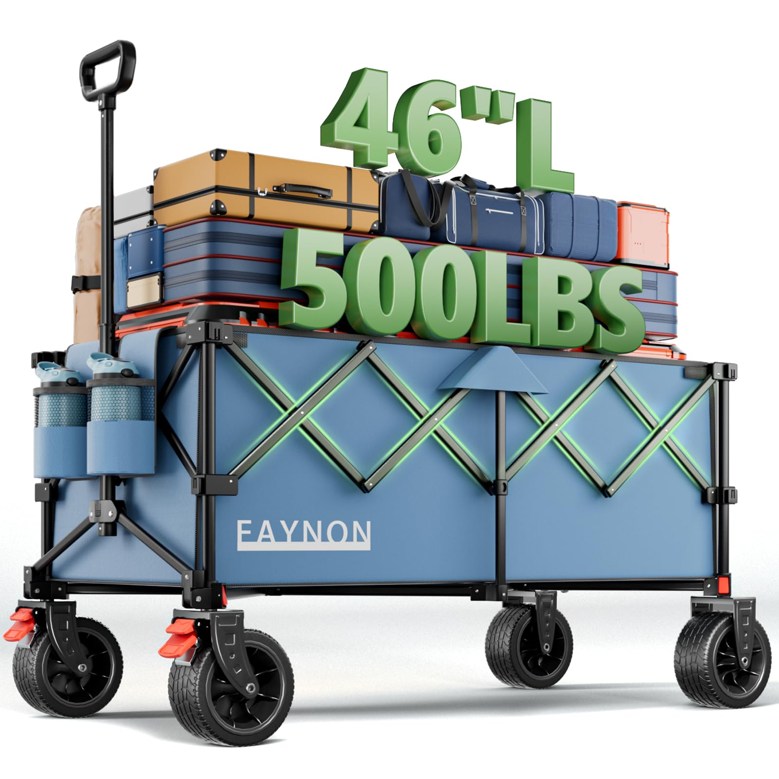 46" L Collapsible Foldable Extended Wagon, 500LB Weight Capacity with 280L Heavy Duty Folding Cart,Utility Wagon with All-Terrain Beach Wheel &amp; Drink Holders,Light Blue