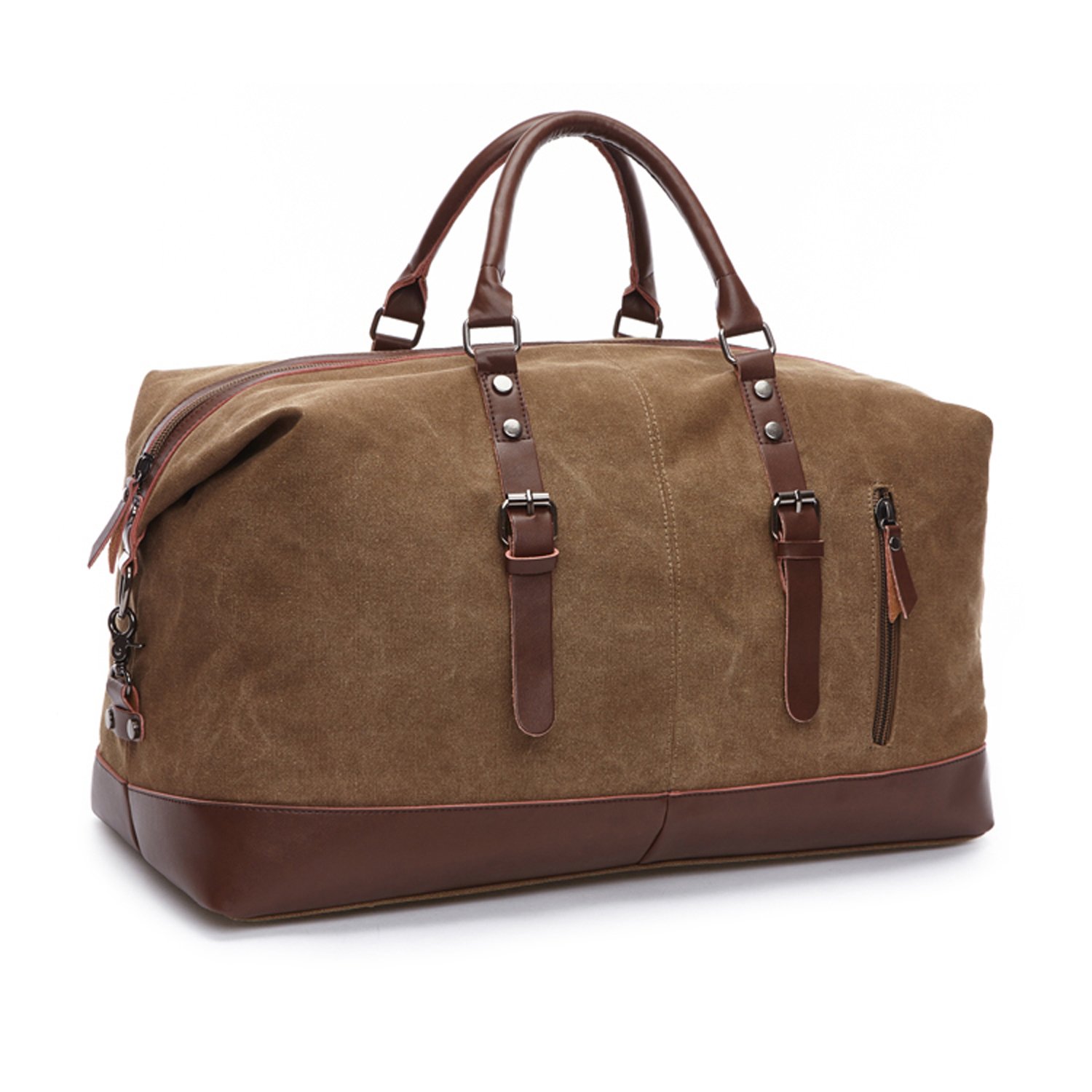 Seamand Coffee Canvas PU Leather Travel Tote Duffel Bag Carry on Bag Weekender Overnight Bag 21.3'' L x 13'' H x 9.4'' D