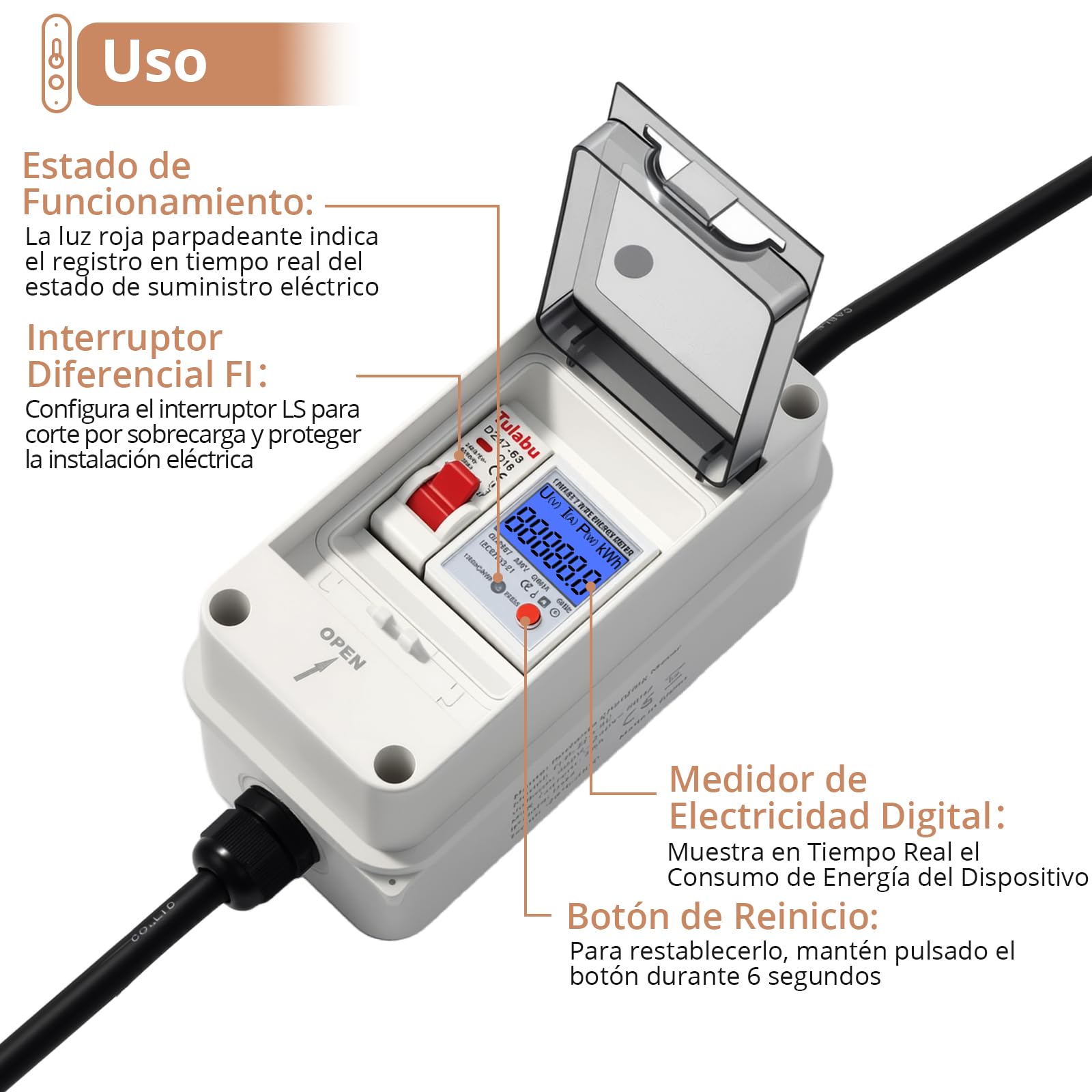 KAMTOP Medidor Consumo Eléctrico Monofásico 230V 80A Contador Energía Digital con Disyuntor LS Monitor Electricidad Portátil IP65 Medidor Energético Cable H07RN-F 3m VDE para Hogar RV Camping Caravana
