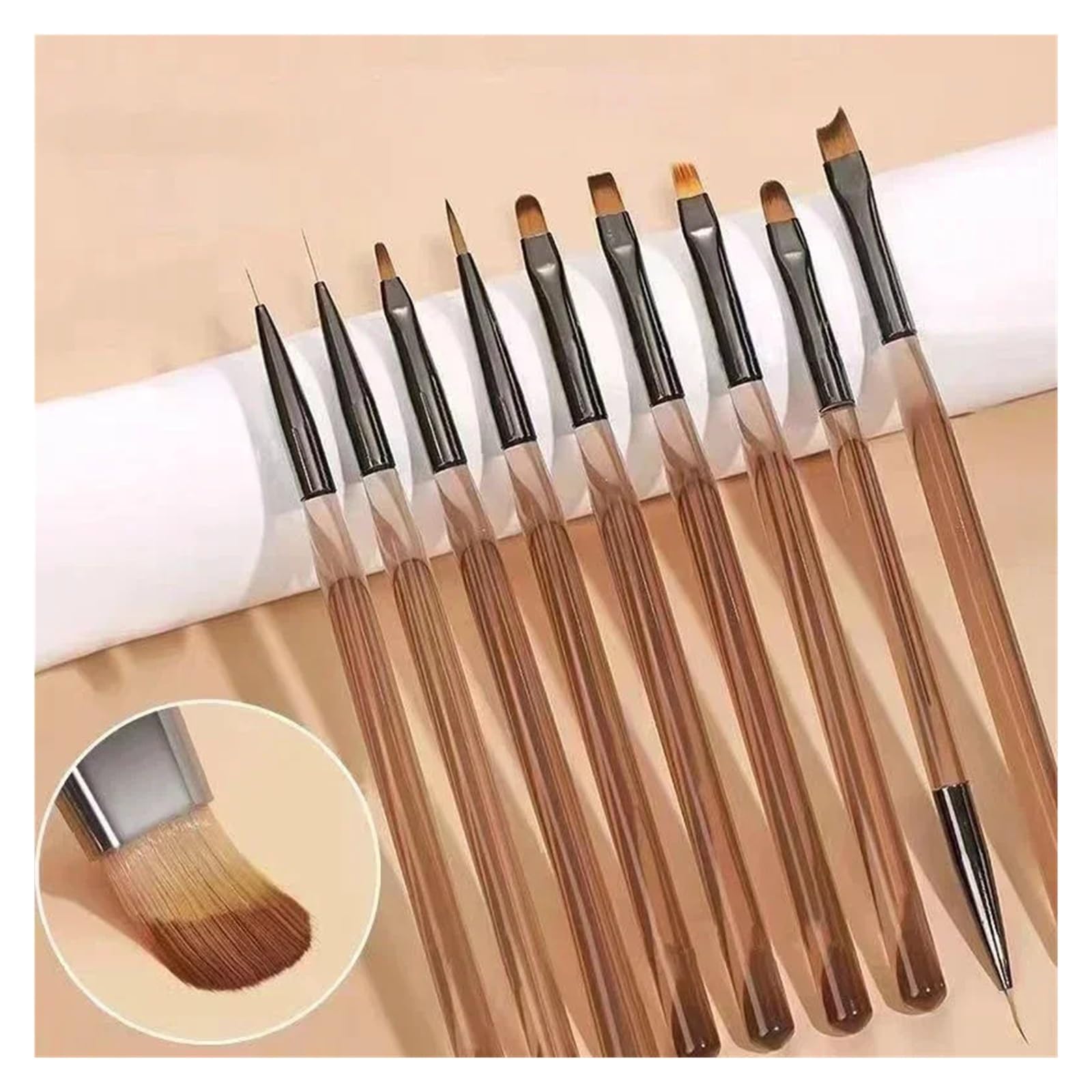 Pennelli per unghie, 9 pennelli per unghie in gel UV, penna per pittura fai da te, manicure, disegni acrilici, per nail art design (caffè trasparente)