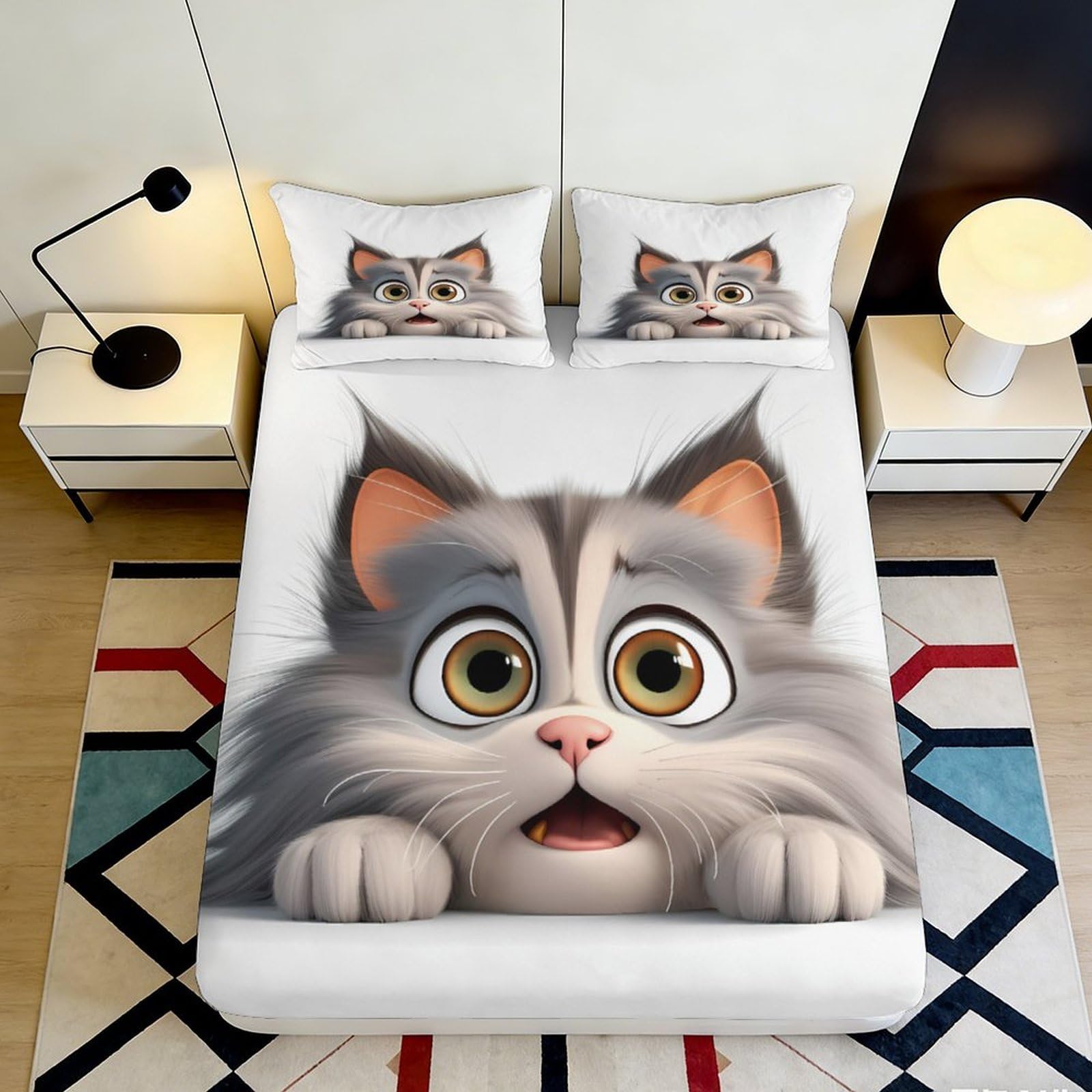 3D Printed Cute Cat Fitted Sheet Microfiber Soft Bedroom Decor Cartoon Kitten Mattress Cover Adult Youth 90x200x25cm